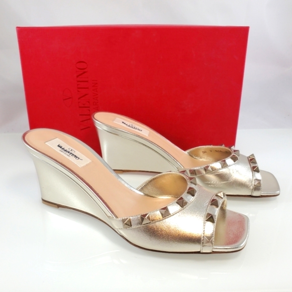 Valentino Metallic Rockstud Wedge Slides